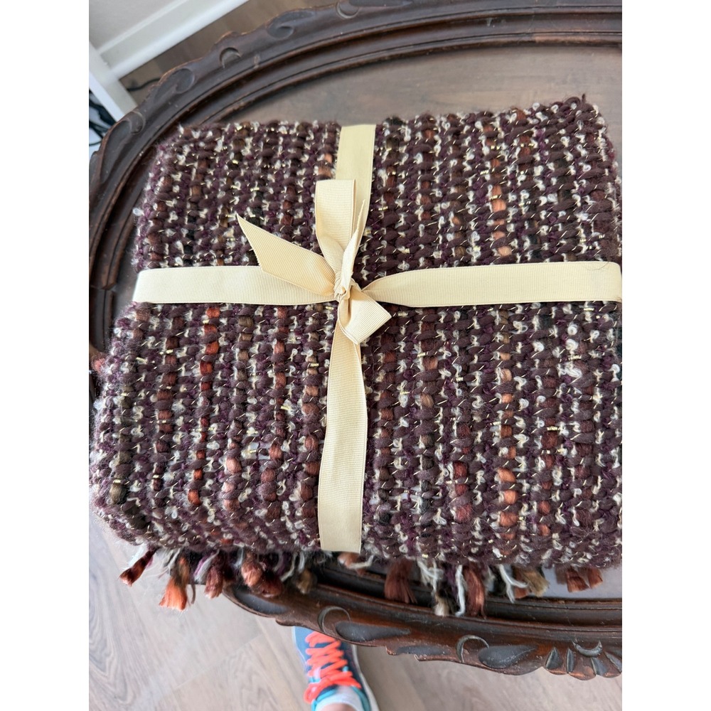 Pier 1 Imports Decorative Throw Blanket Plum Burgundy Gold Metallic 50x60 Fringe